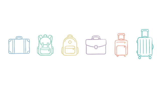 Various bags luggage suitcases backpacks briefcases travel accessories are depicted in a charming hand-drawn doodle style with soft pastel colors.