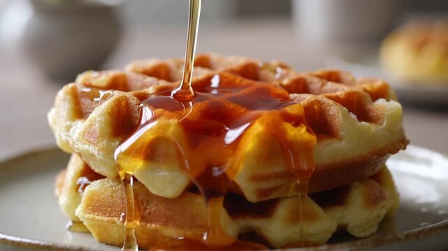 Syrup being poured over a stack of golden brown waffles on a plate
