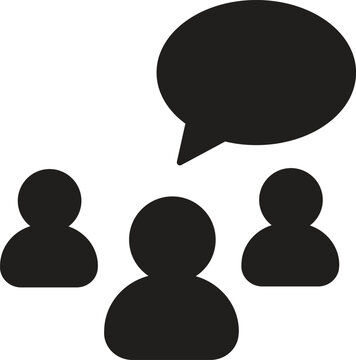 Art & Illustration, Simple vector icon showing black solid silhouettes of three users or people avatars with a single blank chat speech bubble above them for team communication