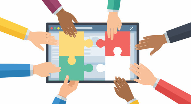 Diverse Team Hands Assembling Puzzle Pieces on Web Browser Screen for Collaboration, Software Development, and Business Problem Solving Concept