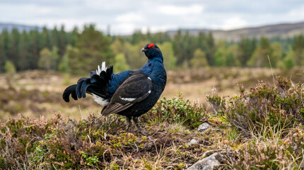 Obraz premium black grouse (lyrurus tetrix) standing in a natural moorland landscape