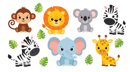 Fototapeta premium Cute cartoon baby safari animals including lion elephant zebra giraffe koala monkey