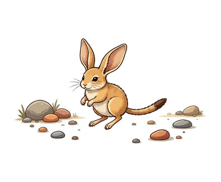 Small desert jerboa standing on rocky ground with stones and pebbles vector illustration.