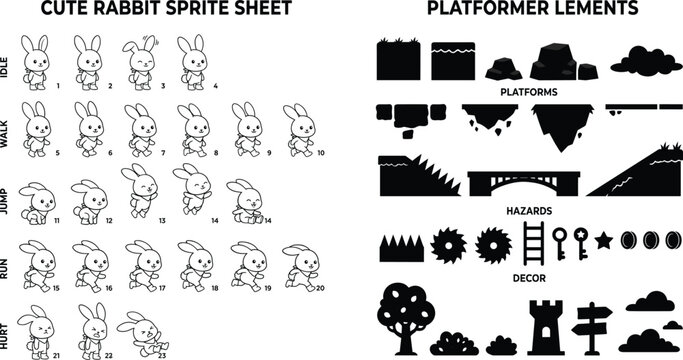 Cute rabbit character sprite sheet vector animation collection and black silhouette 2D platformer game level design elements pack with hazards and icons