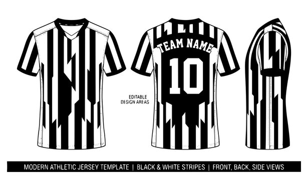 Modern striped athletic jersey template in black and white for football and sports uniforms