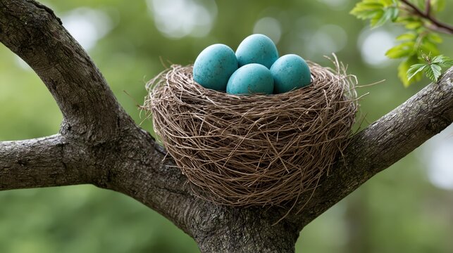 A robin's nest with four vibrant blue eggs rests on a tree branch