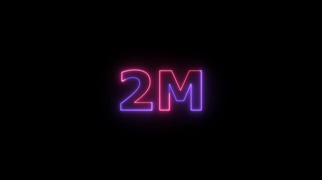 The number 2M illuminated with vibrant neon lights in shades of purple and pink, glowing brightly against a deep black background, representing a significant milestone or achievement in online