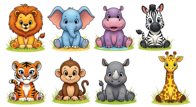 Eight cute cartoon baby safari animals sitting on grass lion elephant 1 hippo zebra tiger