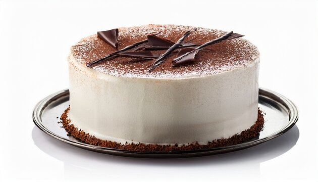 Delicious Round White Cake with Chocolate Garnish Isolated on White