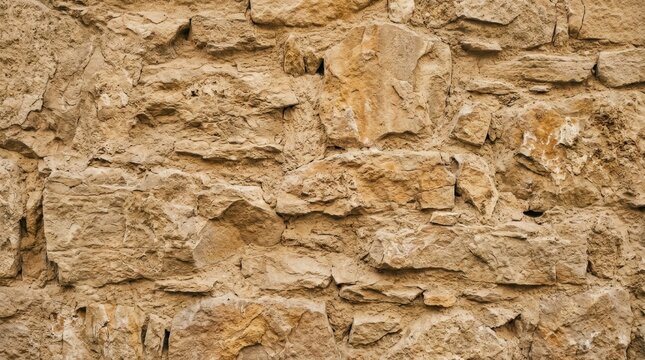 Rustic texture of a weathered natural sandstone wall with rough uneven rocky surface and beige tones