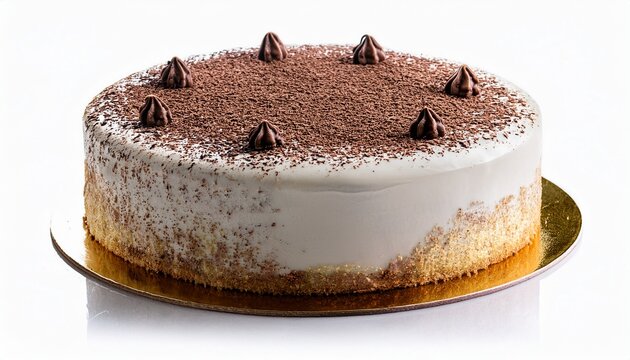 Delicious Round White Cake with Chocolate Garnish Isolated on White