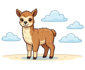 Fototapeta premium Baby llama standing in a meadow with clouds illustration, cute farm animal.
