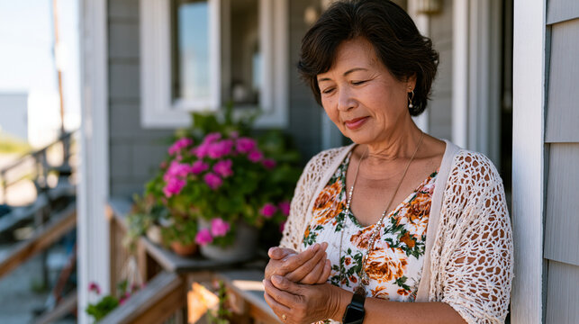 Woman with lupus applying sunscreen to her forearms before stepping out of a modest home onto a sunny porch, her careful daily routine communicated with domestic intimacy and the quiet specificity o