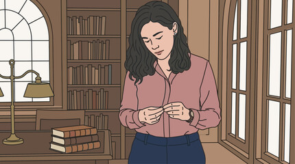 Young woman adjusting hem of pink dress in bright sunlit room with bookshelves © little
