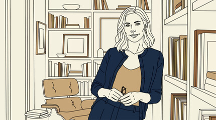 Mature woman in cardigan standing in a library with bookshelves and armchair © little