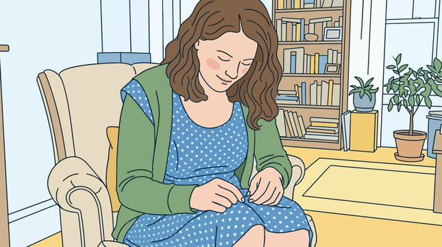 Woman sitting in armchair adjusting her dress hem indoors
