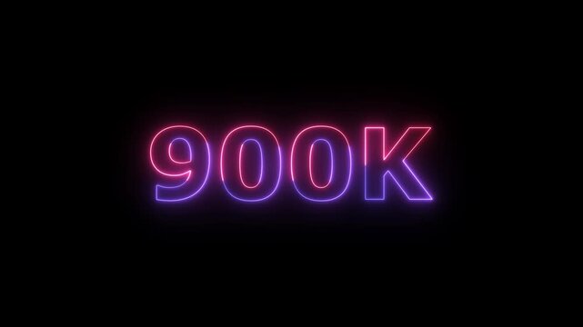 The number 900 K illuminated with vibrant neon lights in shades of purple and pink, glowing brightly against a deep black background, representing a significant milestone or achievement in online