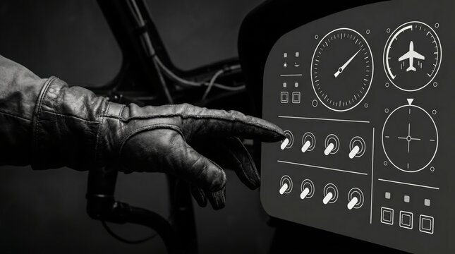 A gloved hand operates a futuristic control panel with dials and an airplane icon, suggesting aviation or flight simulation in a dark environment.