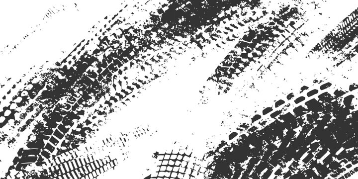 Grunge tire tracks with mud splatters and dirt texture background vector illustration for off-road racing design.