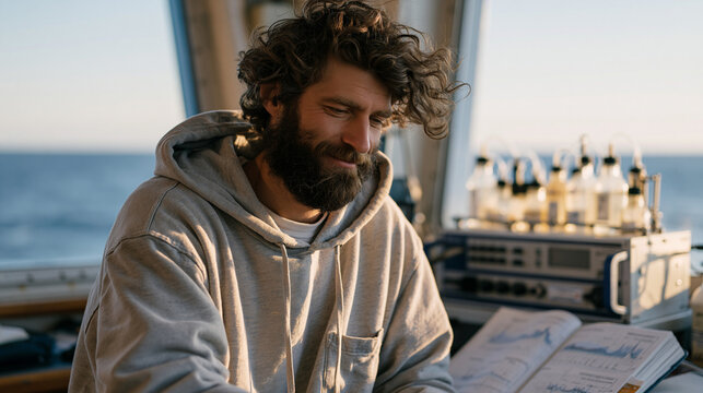 Marine chemist aboard a research vessel measuring dissolved oxygen depletion in deep-water column samples, automated titration unit running, logbook open to depth profile charts,