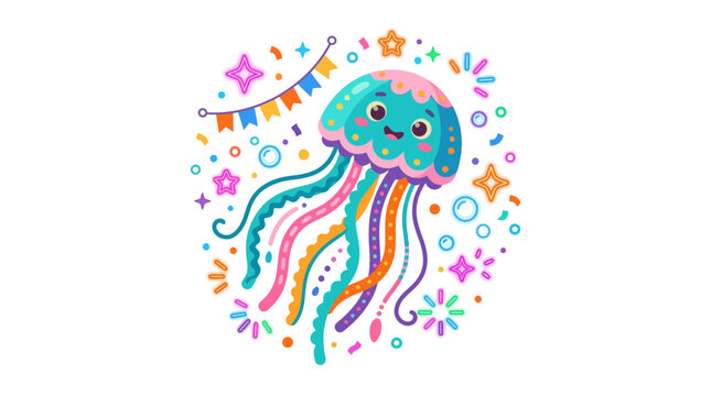Cute Cartoon Jellyfish Character with Party Bunting and Confetti