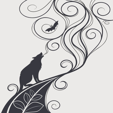 Black silhouette illustration of a wolf howling at the moon with swirling floral vines and a bat silhouette crescent