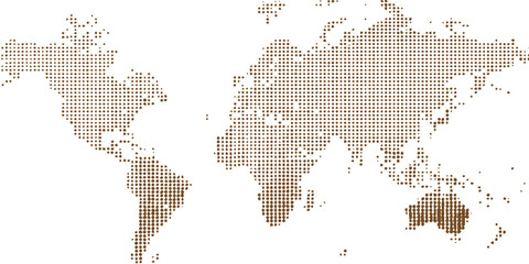 Dotted world map silhouette background with brown halftone geometric pattern for global network vector illustration. © Design House