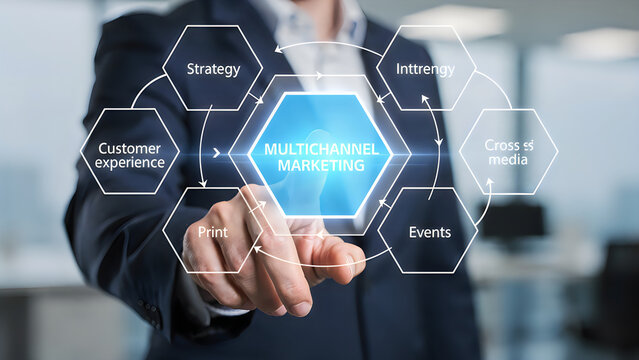 Businessman interacting with a glowing hexagonal diagram of multichannel marketing strategy