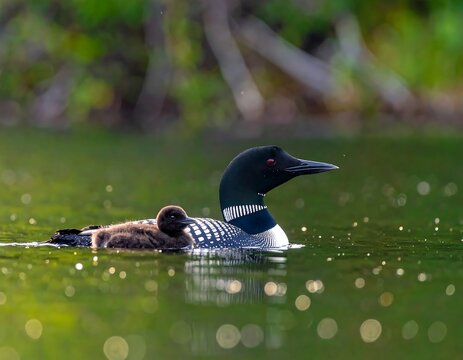 Adult Common Loon Swimming with Chick on Calm Green Lake Water