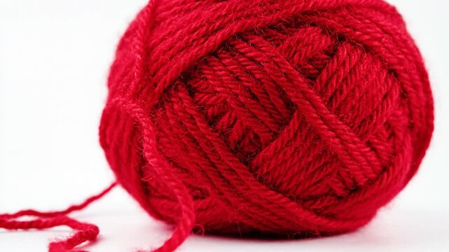Vibrant red ball of yarn with loose strand on white background