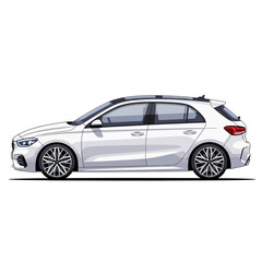Fototapeta premium White hatchback car, side view, modern design, isolated on white background