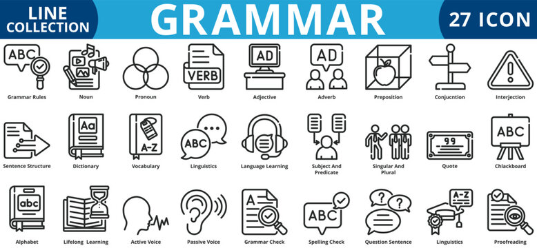 Grammar icon set outline style icon set collection vector illustration
