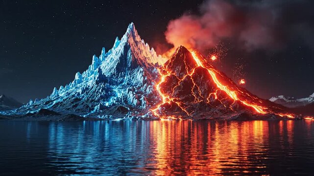 A large mountain split between a glowing blue icy side and a fiery orange volcanic side with flowing lava, reflecting on a calm body of water under a dark starry night sky.