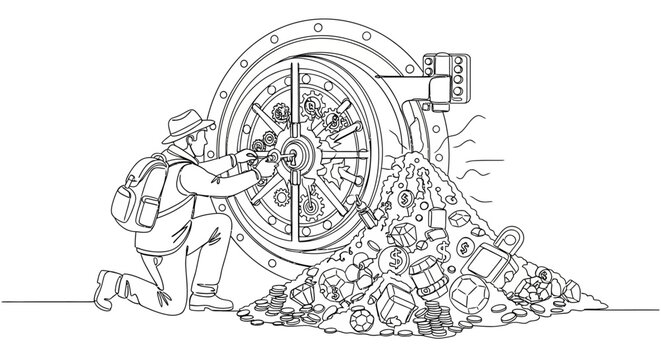 Man opening vault door, spilling treasure and digital currency, illustration