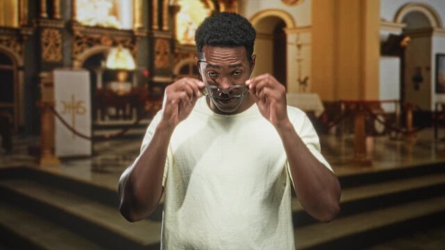Man adjusting glasses and smiling in ornate church building with altar and steps visible; quiet joy reflection.