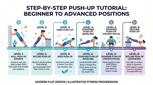 Step-by-step push-up tutorial, beginner to advanced positions, fitness training infographic