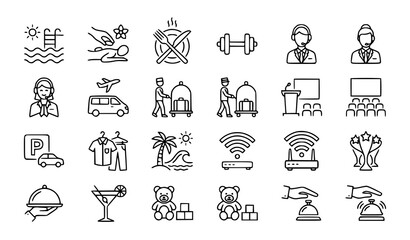 Fototapeta premium Hotel and Resort Amenity Outline Icons Editable Stroke Vector Collection