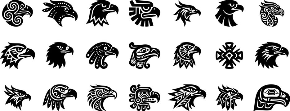 Eagle Head Logo Collection Featuring Tribal Wildlife Mascot Emblems Falcon Hawk Predator Bird Symbols Decorative Vector Illustration Set Design Artwork