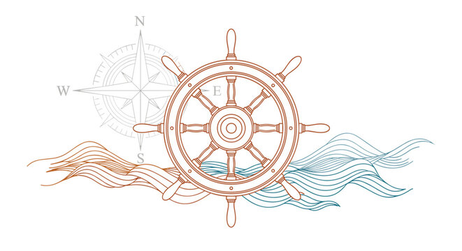 Intricate nautical themed illustration features a ship steering wheel, a compass rose, and stylized waves in brown and blue line art.