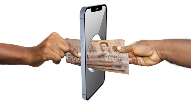 A gray smartphone with a circular hole in its center sits on a white background. Two hands with different skin tones pass brown 1,000 Thai Baht banknotes through the open smartphone screen gap.