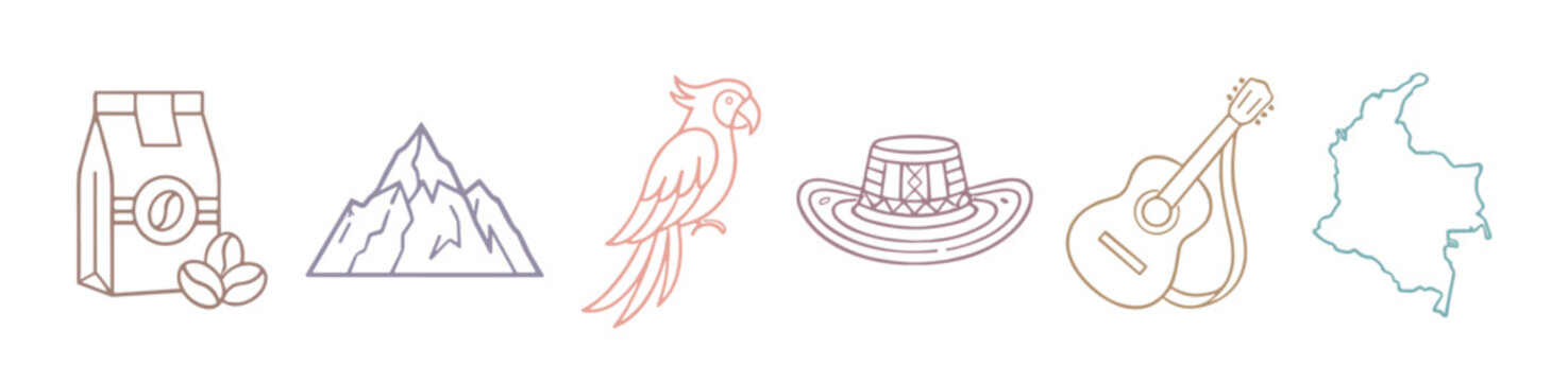 Colombian symbols collection line art icons showcasing coffee, mountains, parrot, traditional hat, guitar, and country map representing culture and nature.