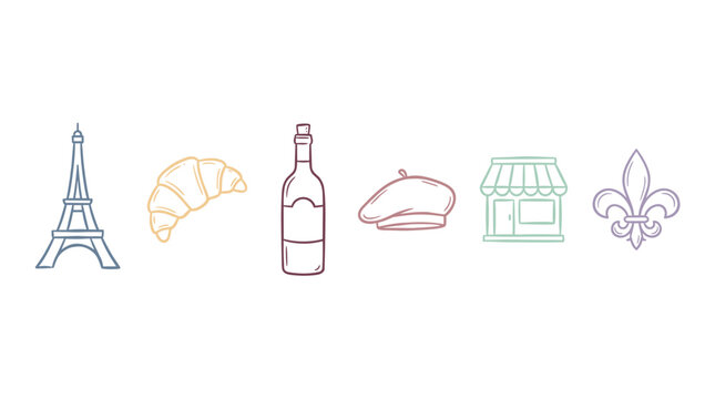 French cultural symbols doodle icons representing European travel and cuisine, showcasing famous landmarks, food, fashion, and traditional emblems in a charming line art style.