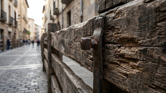 Rustic wooden barricade standing on a historic european cobblestone street, preparing for the san ferm&iacute;n festival, ideal for editorial content.