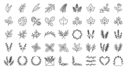 Set of hand drawn botanical elements, leaves, branches and wreaths © Designcity32