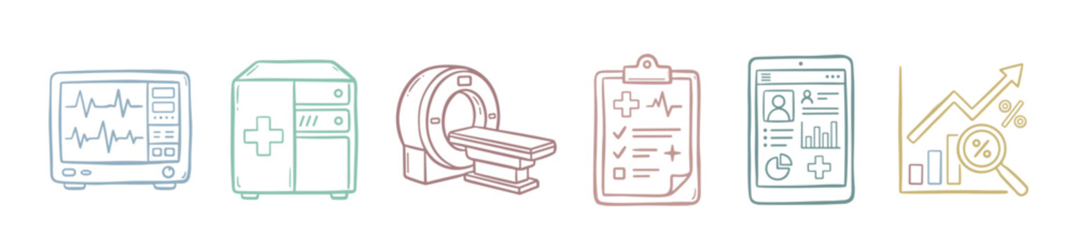 Various hand-drawn medical healthcare icons depicting diagnostic equipment, patient records, digital health applications, and data analysis tools illustration.
