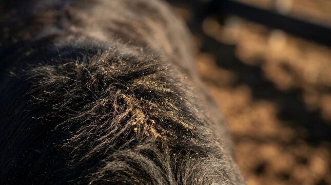 Vibrant textured close-up captures dark bull's dusty fur amidst thrilling san ferm&iacute;n festival commotion, suitable editorial content.