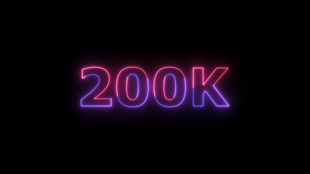 The numerical figure 200 K glowing intensely with a neon effect in transitioning purple and pink hues, positioned prominently on a deep black background, representing two hundred thousand followers