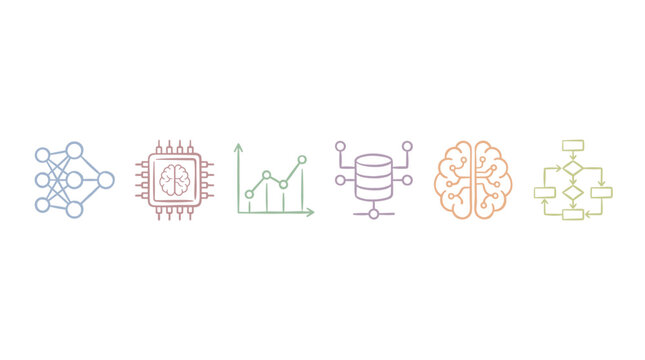 Artificial intelligence machine learning data analytics technology concepts are illustrated with various colorful line icons representing modern computing and digital innovation.