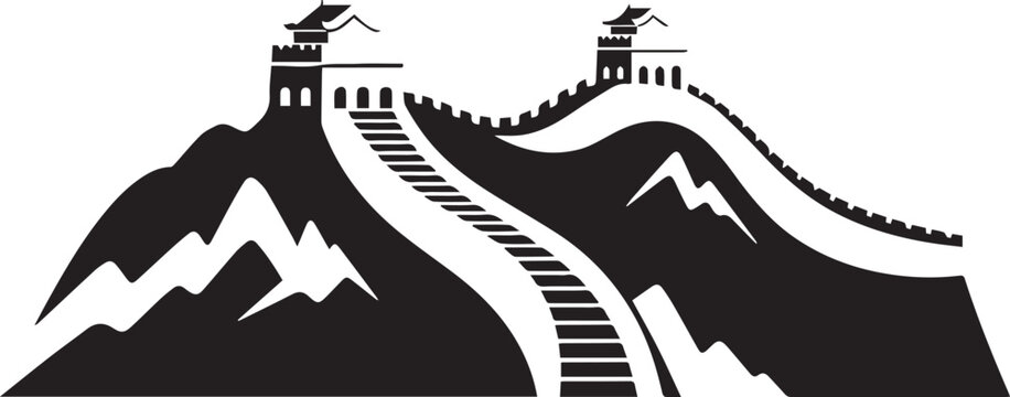 Black silhouette of the great wall of china on white background with mountains and watchtowers
