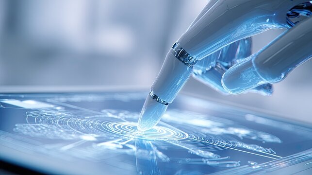 Robotic hand interacts with a touch screen displaying data